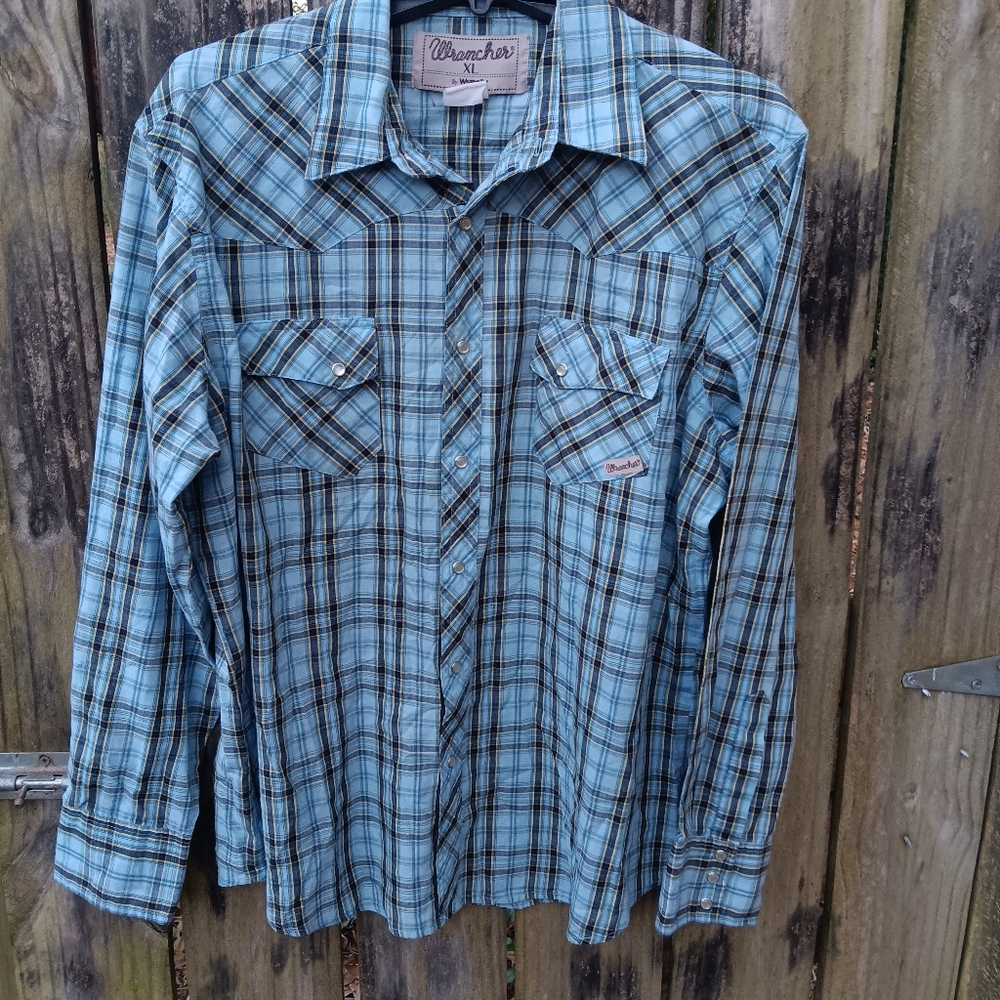 WRANCHER By Wrangler Men's Pearl Button Long Sleeve Blue Plaid Shirt XL